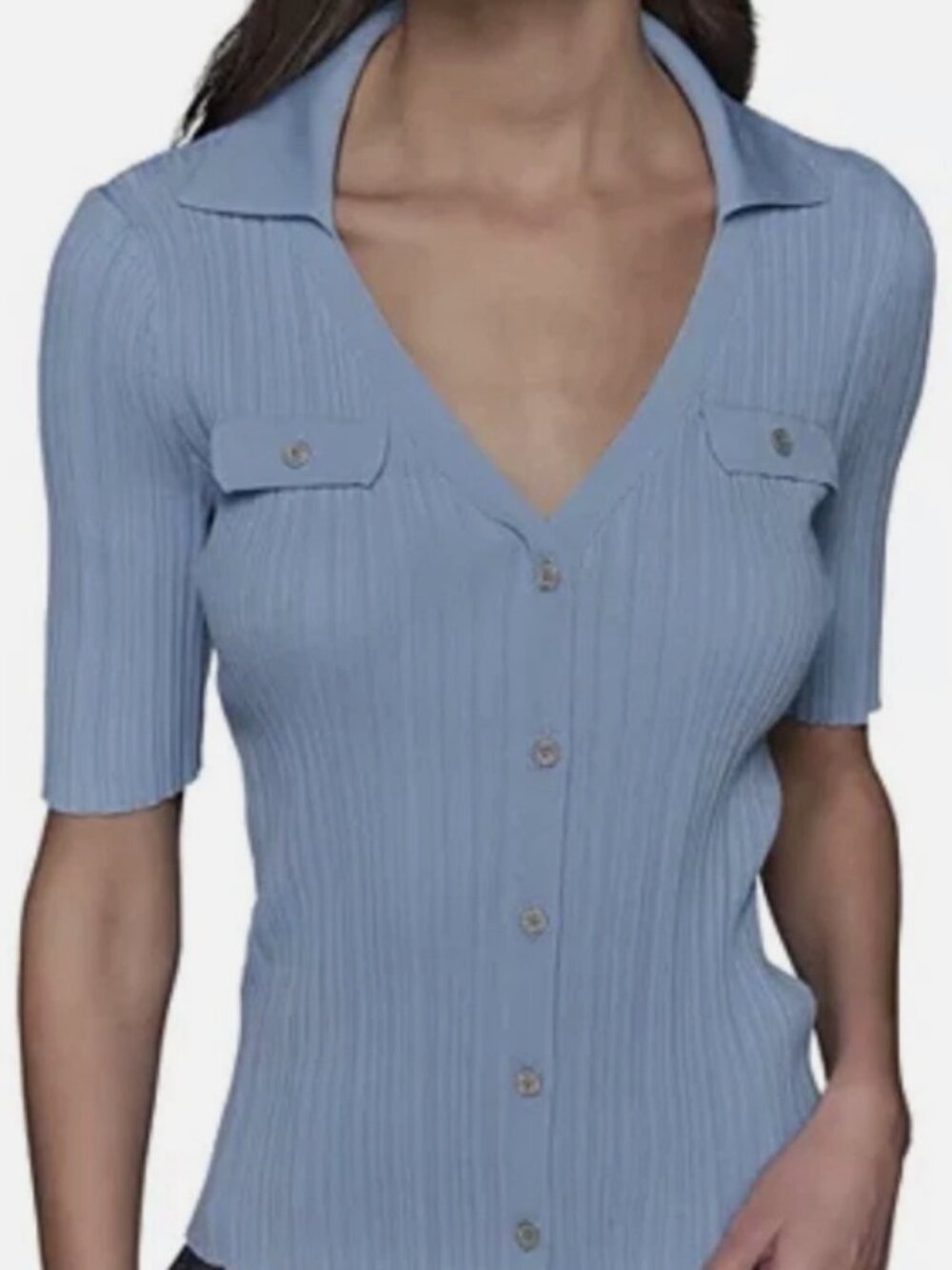 KARL LAGERFELD PARIS Women's XL Collared Rib Polo knit Short Sleeve Blue Top NWT